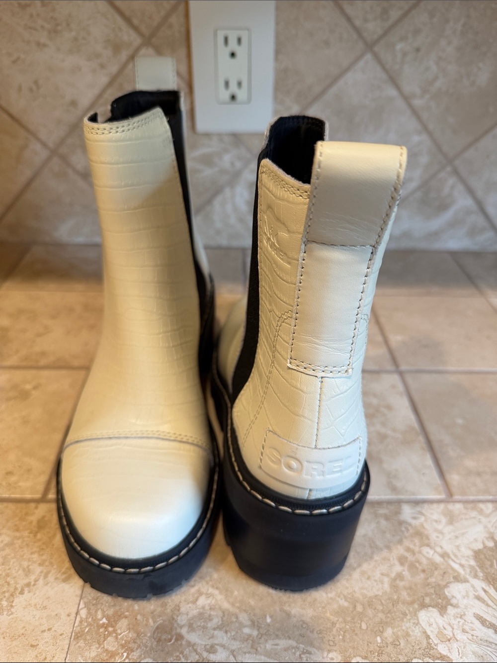 Sorel Cream Croc-Embossed Platform Chelsea Booties